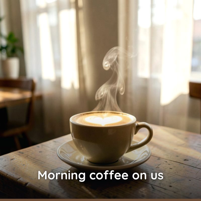 Coffee shop post with a designed headline and caption
